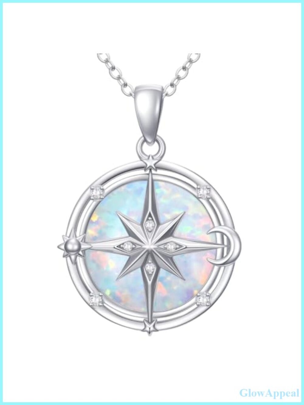 925 Sterling Silver Compass Pendant Necklace with Lab Grown Diamond & Opal